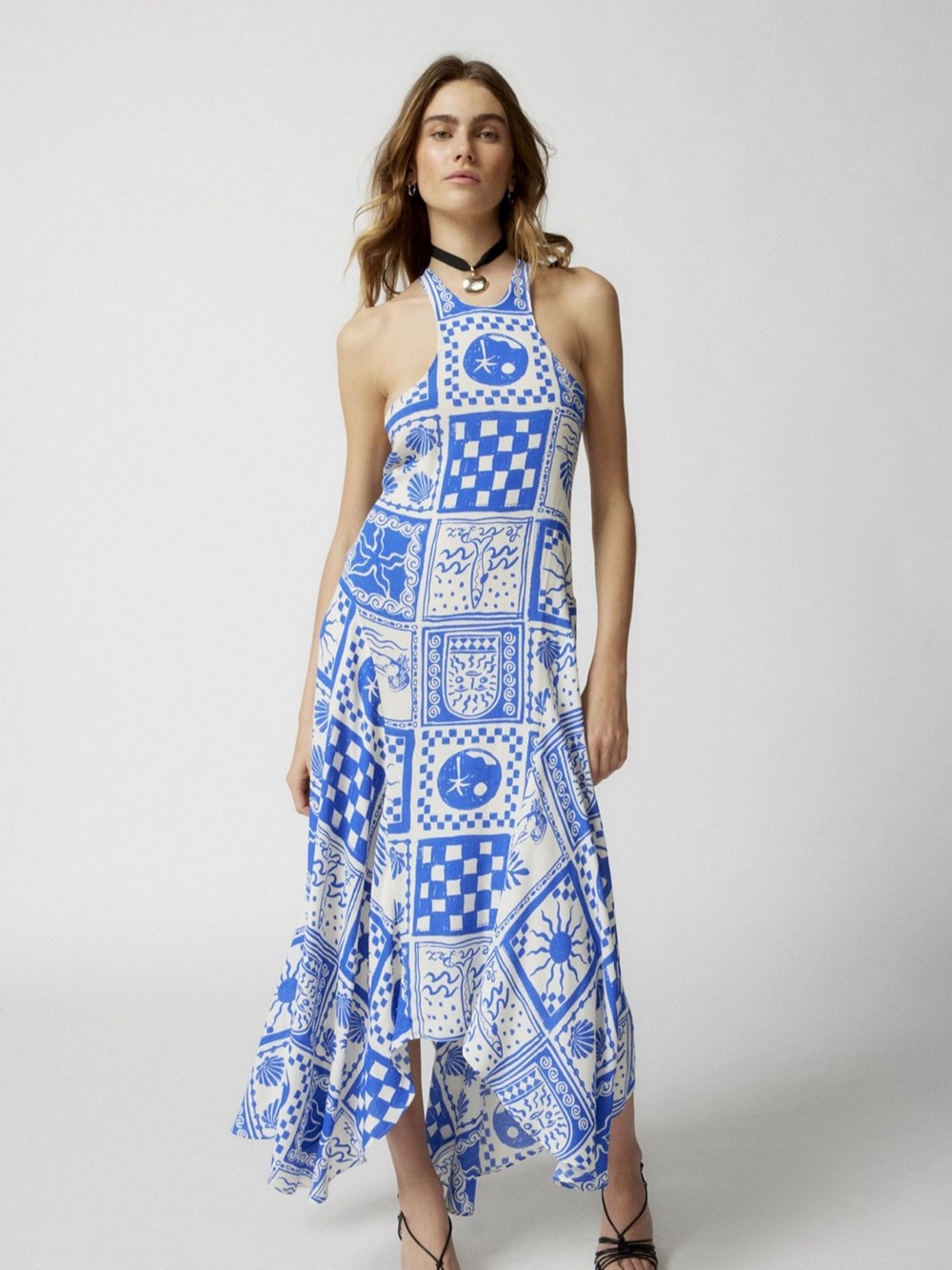 Urban Outfitters Strappy open back Blue & White Printed Halter Maxi Dress